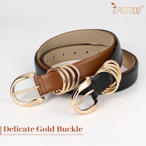 JASGOOD 2 Pack Women's Leather Belts for Jeans Pants Fashion Ladies Dress Waist Belts with Gold Buckle2