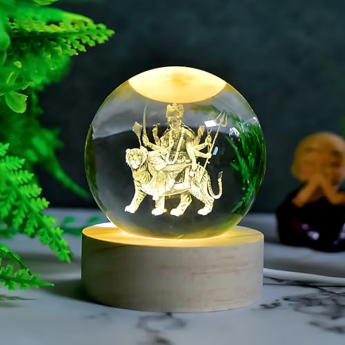 Image of 3D Crystal Ball Night Light with Wooden Base, Aesthetic Clear LED Lamp for Home and Bedroom Touch Switch, Warm Light for Kids and Teens Perfect Birthday & Anniversary (Durga MATA)