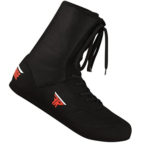 FISTRAGE Leather High and Top Kick Boxing Shoes Fighting Sports Training Mesh Unisex Pro Men's and Youth Light Weight | Black Color Boxing Shoes for Adults2