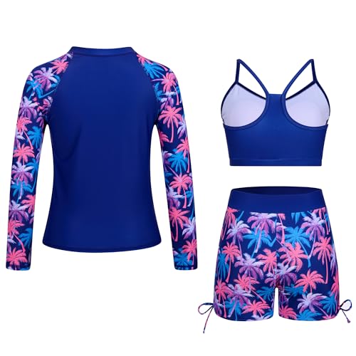 Image of Funnycokid Girls Swimsuit 3 Pieces Long Sleeve Rash Guard Zip Bathing Suits Teens Boyshort 3-14 Years