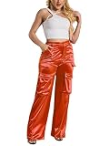XNMHL 2000s Pants for Women Tall Metallic Long Fashion Pleather Faux Leather Dressy Silk Clothes Going Out (Orange, L)