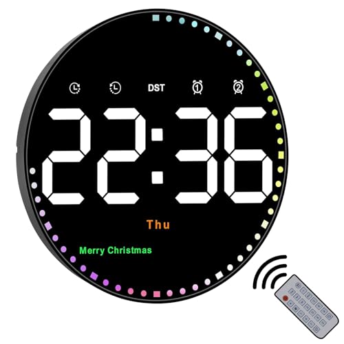 ALEENFOON Reloj de Pared Digital Redondo Grande de 10" con Control Remoto, Reloj Digital con 2 alarmas/Temperatura/Fecha/Hora/Festival/Brillo Ajustable/Cuenta Regresiva para el hogar, el Gimnasio