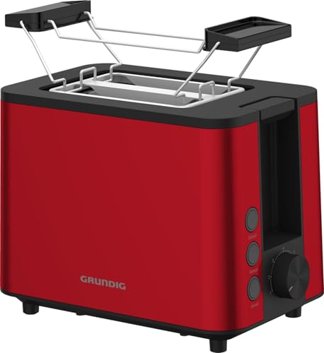 Grundig - TA 8340 Toaster für 2 Scheiben - 950 Watt Leistung - Variable Röstgradkontrolle - Auftau- und Aufwärmfunktion - Integrierter Brötchenaufsatz - Edelstahl-Gehäuse - Rot