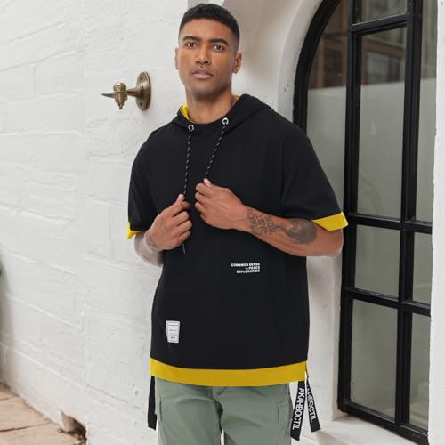Mens Short Sleeve Hoodie Soft Cotton Color Block Moisture Wicking Big Pocket Hip Hop T-Shirt Hoodie Sports3