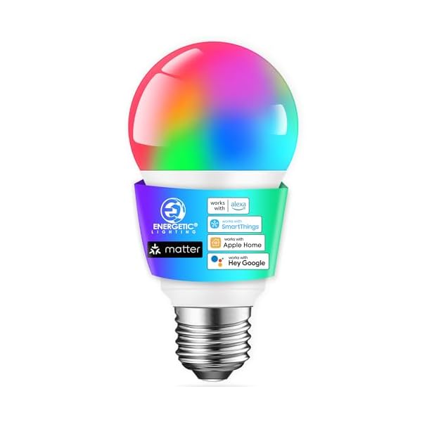 Energetic Light Bulbs Work with Alexa/Apple Home/Google Home/SmartThings, Matter Smart A19 LED Light Bulb, E26 RGB Smart Bulbs, 60W Equivalent, 800LM, 2.4 Ghz WiFi Only, Smart Speaker Required, 1 Pack