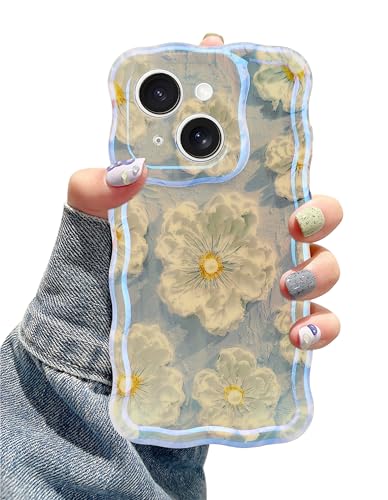 Coque iPhone 14 Plus fleur bleue pour un style rétro en terrasse