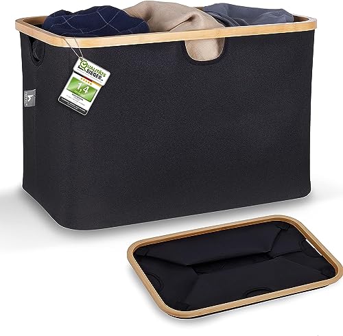 HENNEZ Faltbarer Wäschekorb 60L Schwarz - Stoffwäschekorb mit Bambuskante - Faltbarer und flacher Wäschekorb - Tragbarer Wäschekorb
