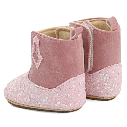ESTAMICO Baby Girls Embroidery Western Cowgirl Boots Infant Sequin Leather Cowboy Booties Round Toe Ankle High Hook and Loop Shoes4