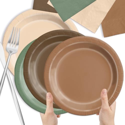 Image of CMUSKO Woodland Baby Shower Decorations - 60pcs Brown Sage Green Forest Animal Theme Plates & Napkins Kit - Safari Party Supplies for Birthday, Baby Shower Neutral