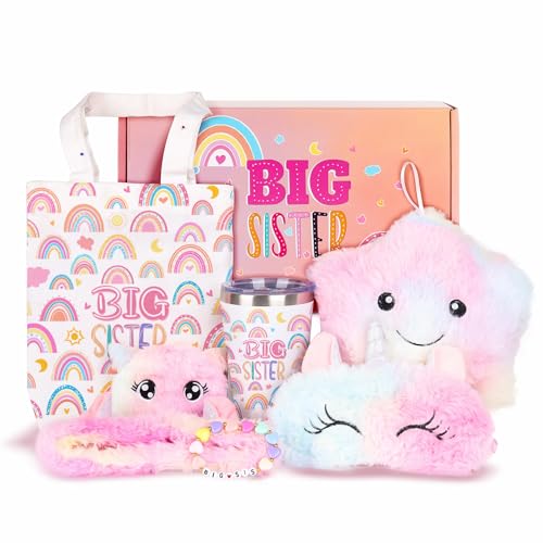 Image of SGFYbkt Big Sister Gifts for Girls, New Gifts for Sister 12oz Big Sister Cup Mug Canvas Tote Bag Big Sister Bracelet Plush Headband Star Pillow Purse Sleep Eye-shade for Little Girls