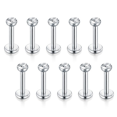 Funseedrr 10er 1.2mm Chirurgenstahl Lippenpiercing Labret Stecker Set 6mm 8mm Silber Tragus Helix Piercing Schmuck