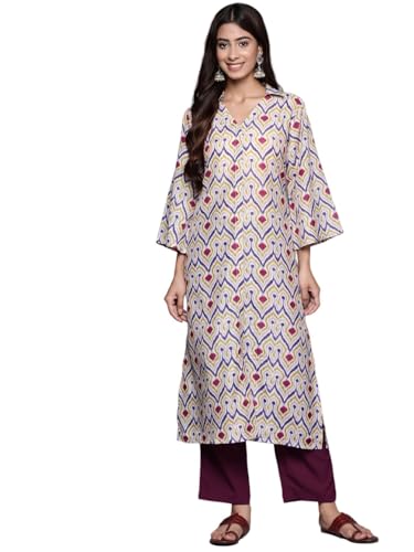 Kurta imprimé abstrait à fentes Varanga avec col chemise blanc cassé