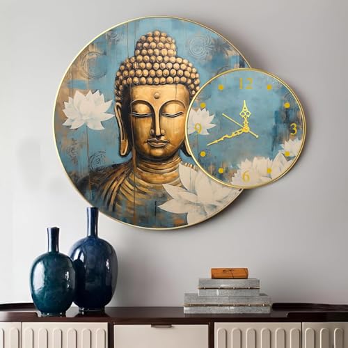 Image of PAINTINGMANTRA Meditating Lord Buddha Round Wall Painting with Clock for Living Room Decoration, Clock with Painting Gold Metal Finish Stylish Large Art Print (28x22 Inch)
