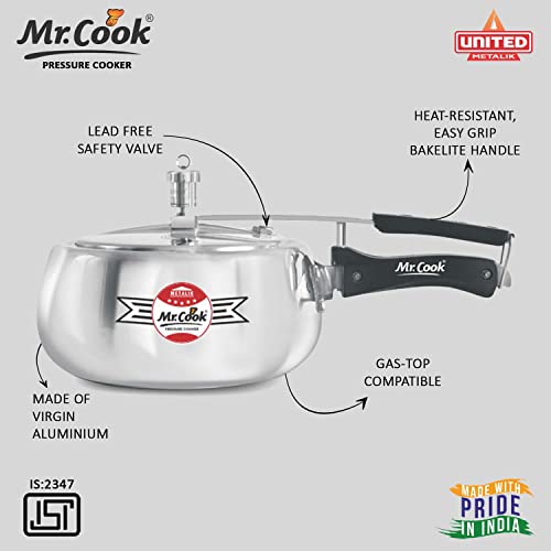 Image of MR COOK By United Metalik Super Shine Aluminium Pressure Cooker with Inner Lid, Lead Free Safety Valve, Easy Grip Handle, Gas stove Compatible, 60 months warranty (Silver) (2 Litre)