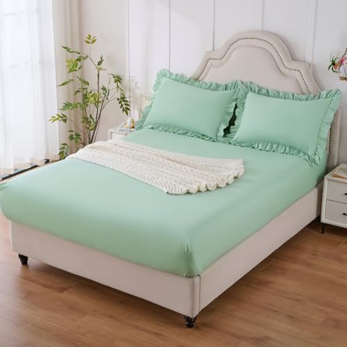 Image of Homiest 2-Pieces Ruffle Pillow Case & Fitted Sheet Set, Sage Green Twin Sheets with Ruffled Pillow Shams, 15 Inch Deep Pocket, Cute & Coquette Microfiber Bed Set for Decorating Bedroom Hotel