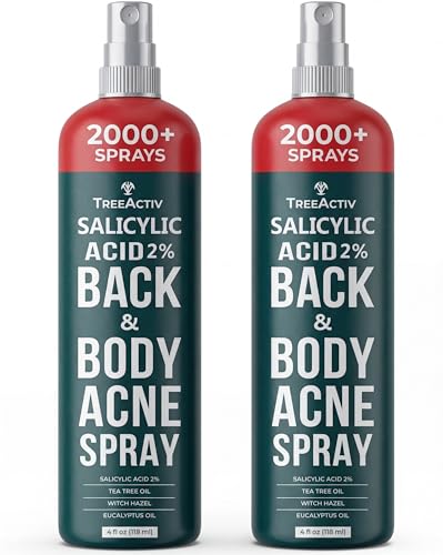 TreeActiv Salicylic Acid Back & Body Acne Spray, Fine Mist Back Spray for Bacne & Chest Acne, Tea Tree + Eucalyptus, Fast-Drying Non-Staining, 4 fl oz (2-Pack, 8 fl oz Total)
