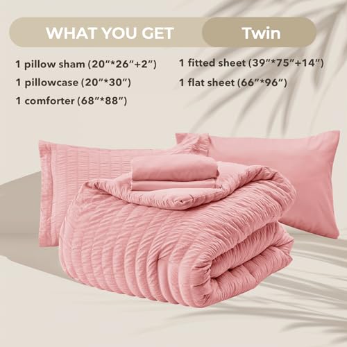 Image of HYMOKEGE Rose Pink Twin Comforter Set Seersucker 5 Pieces, All Season Luxury Bed in a Bag for Bedroom, Bedding Set with Comforter, Sheets, Pillowcase & Sham