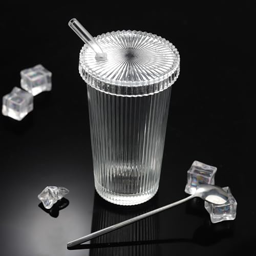 Joeyan 375ml Ribbed Glass Cups with Lids and Glass Straws, Set of 2 Glass Tumblers Iced Coffee Glasses - Image 2