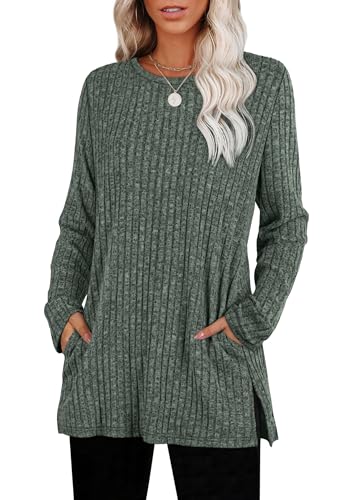 Aokosor Ladies Jumpers Long Sleeve Tops Women Sweatshirts with Pockets Casual Women Tops Size 22-24 Green 2XL