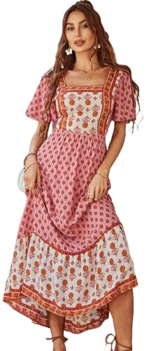 Image of Sister Amy Women's Boho Floral Print Square Neck Beach Party Flowy Ruffle Midi Dress
