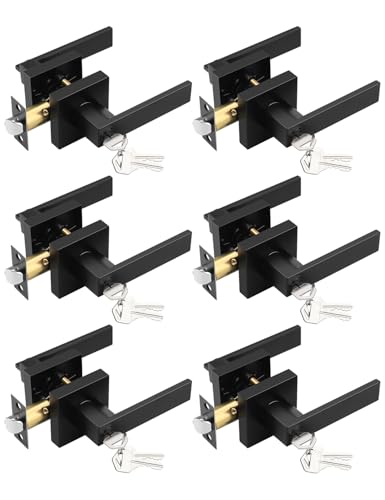 Tinewa 6 Pack Entry Door Levers with Lock and Key, Matte Black Keyed Alike Lockset Combo Pack, Entrance Door Handles for Office and Front Door, Door Knobs Lockset (Each with 3 Keys)