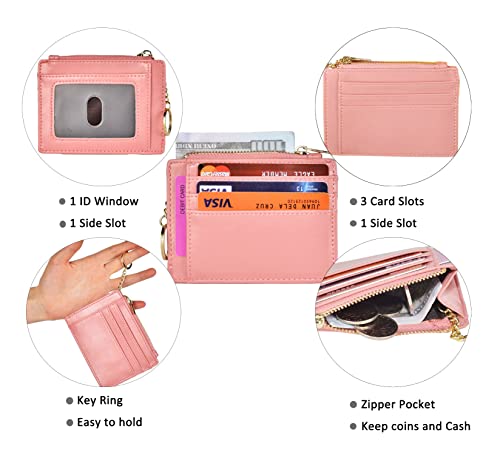 Image of woogwin Slim RFID Credit Card Holder for Women Mini Front Pocket Wallet Purse With Keychain, Oil Pink, small, Compact