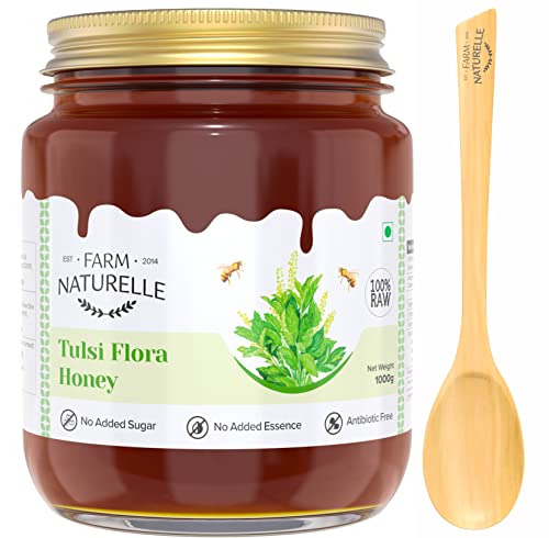 Image of Farm Naturelle-Vana Tulsi Forest Flower Honey| 1kg Extra and a Wooden Spoon|100% Natural| Ayurved Raw Natural Unprocessed, Unfiltered, Unpasteurized, Lab Tested Honey In Glass Bottle.