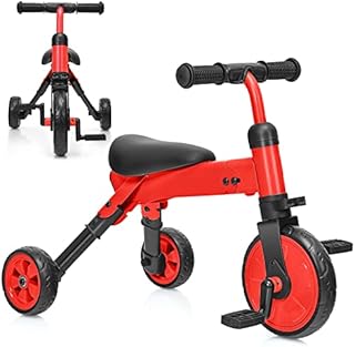 GYMAX 2 in 1 Kids Trike, Folding Baby Tricycle with Detachable Pedals and PU Seat, 3 Wheels Toddler Bike for 1-4 Years Old Boys Girls (Red)