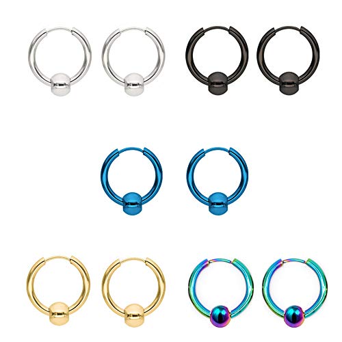 Fu You 5 Pares 14mm Acero Inoxidable Pendientes pour Hombre Mujer Niña Chico, Pendientes Hombres Aro Plata Negros, Pendientes Mujer, Pendientes Aros Oro, Aros de Plata de Oro Dorados Azules Pequeños
