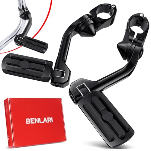 Image of Benlari Highway Pegs 1in 1-1 /4in Highway Footpegs 304 Stainless Steel Adjustable Fit For Harley Touring Street Glide Road King Electra Glide Softail Dyna Black (Long Angled)