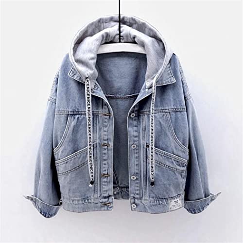 Veste courte en jean coréenne BF style pour femme avec capuche et grandes poches en bleu taille L - 3