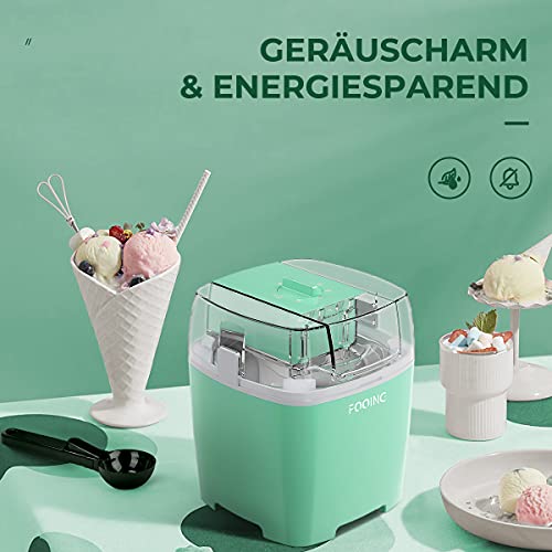 Foto von FOOING Eismaschine Speiseeisbereiter 1,5L mit Drehknopf (5 bis 30 Minuten), Edelstahl-Heim-Speiseeismaschine, Geeignet für Sorbet, Gefrorenen Joghurt und Eis, Einschließlich Rezept und Pappbecher