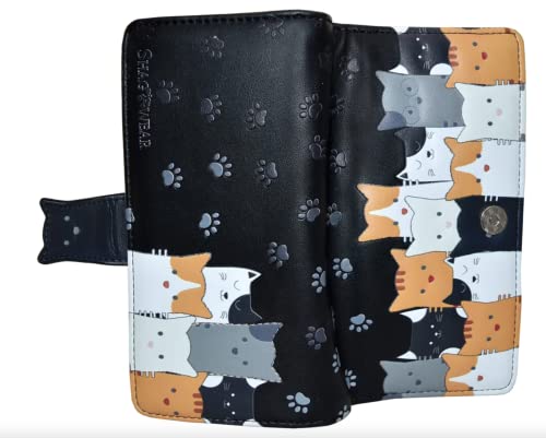 Shag Wear Kitty Cat Crowd Chic Large Animal Wallet for Women and Teen Girls Vegan Faux Leather Black 7"4