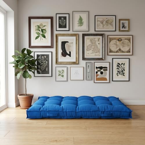 Image of Skanda Fab Low Seating Cushion -100% Cotton Twill, Hand-Plotted Microfiber Filling, Floor Cushion with 2 Back Support Cushions - Ideal for Living Room, Balcony, Lounge- 80x120 Classic Blue (Pack of 1)