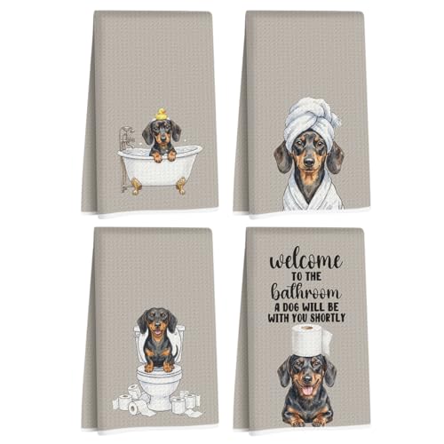 Image of 4 Pcs Funny Dachshund Hand Towel for Bathroom 24x14 Inch, Dachshund Gifts Reusable Dish Cloth Towel, Waffle Weave Hand Towels for Toilet Home Bathroom Decor, Weiner Dog Gifts for Women Mom Friend