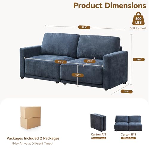 Image of 77.4 inch Chenille Modular Loveseat Oversized Upholstered 2 Seater Sectional Sofa with Thickened Cushions, Easy Assembly, Modern Comfy Love Seat Couch for Living Room, Blue