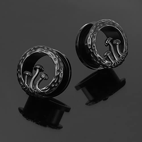 Casvort 2 PCS 14mm (9/16\'\') Hypoallergenic 316 Stainless Steel Black Magic Mushroom Ear Gauges Screw Tunnels Ear Plugs Expander Stretcher Gauges Piercing Body Jewelry