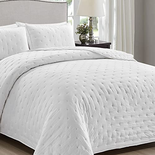 Mocaletto Reversible Quilts Set Twin Size, 2 Piece White Quilt With Pillow Shams, Point Pattern Microfiber Bedspread, Lightweight Soft All Season Coverlet For Bedroom,Hotel &Gift #TOP4
