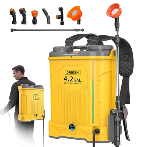 Battery Powered Backpack Sprayer Compatible with DeWalt 20V MAX Battery, VISIBLE WATER LEVEL 4.2 Gallon Electric Weed Sprayer 100 PSI with 6 Nozzles for Lawn Fertilizing Yard Weed Control (No Battery)
