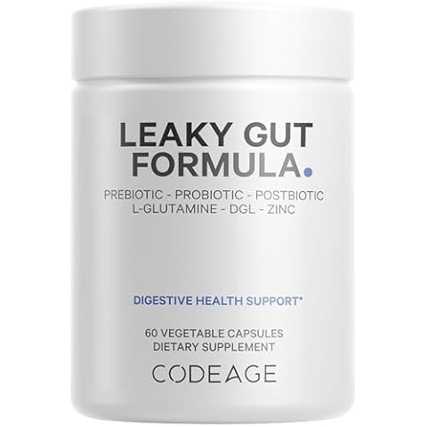 Codeage Leaky Gut Supplement, L-Glutamine, N-Acetylglucosamine, Probiotic, Butyric Acid, Polyphenols, Quercetin, DGL, Marshmallow Root, Berberine, BioPerine, Cinnamon, Vegan, Non-GMO, 60 Capsules Cover