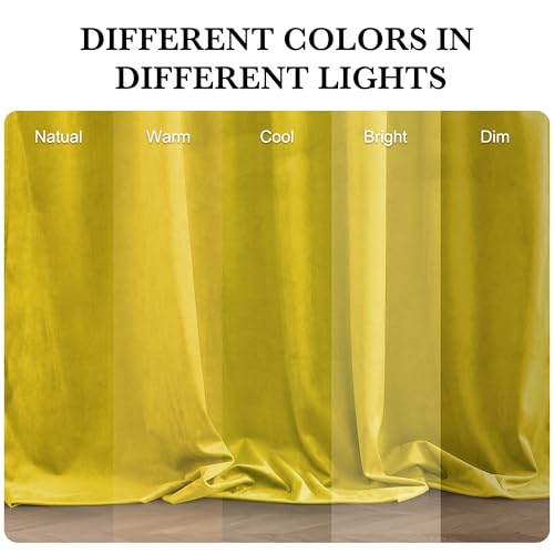 Image of RYB HOME Yellow Velvet Curtains 90 inches for Bedroom Living Room | Thermal Insulated, Privacy, Sunlight UV Heat Blocking, Luxurious Decor, Dining Room Nursery, Rod Pocket, W52 x L90, 2 Panels