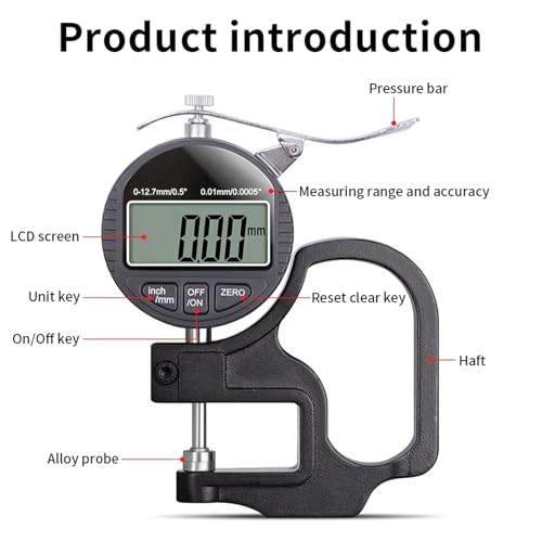 Calibrador de espesores digital, precisión de 0,001 mm, rango de medición de 0-12,7 mm, superficie de medición de aleación de aluminio de φ10 mm, adecuado para materiales planos y tubulares miniatura 5