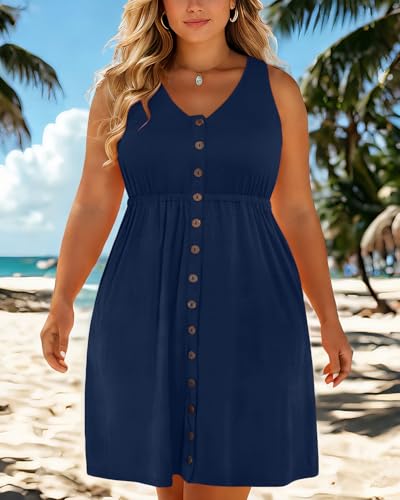 Image of Holipick Women's Plus Size Summer Dresses for Women Casual Dress with Pockets A-Line Swing Button Down Sleeveless V Neck