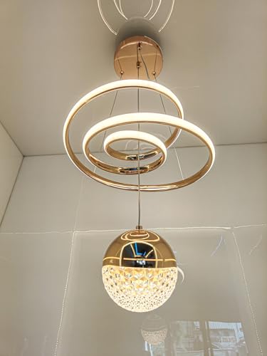 Image of swanart Modern LED Ceiling Pendant Light with Crystal Ball, Spiral Design Chandelier, Dimmable Hanging Lamp for Dining Room, Living Room, Bedroom, Hallway (Gold)