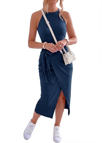Image of NOLLSOM Women Casual Sleeveless Striped Tank Midi Dresses Halter Neck Ruched Bodycon Dresses Tie Waist T Shirt Summer Dress