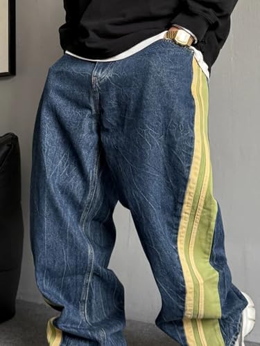 Men’S Hip Hop Trendy Patchwork Baggy Straight Stacked Denim Skateboard Pants Slim Fit Button Fly Spliced Full Length Jeans3