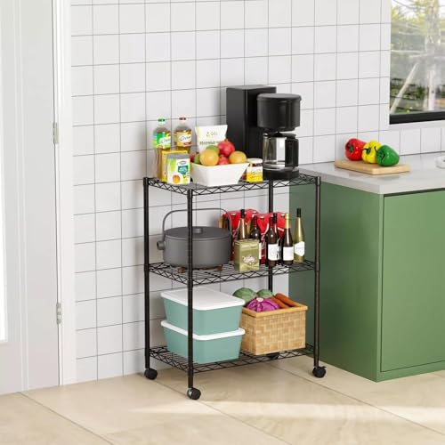 Image of Premium Heavy-Duty 3-Tier Black Metal Wire Storage Rack Shelf Organizer | Adjustable Multipurpose Freestanding Shelving Unit for Home, Office, Kitchen | Size 14 inch D x 30 inch W x 32 inch H Inch