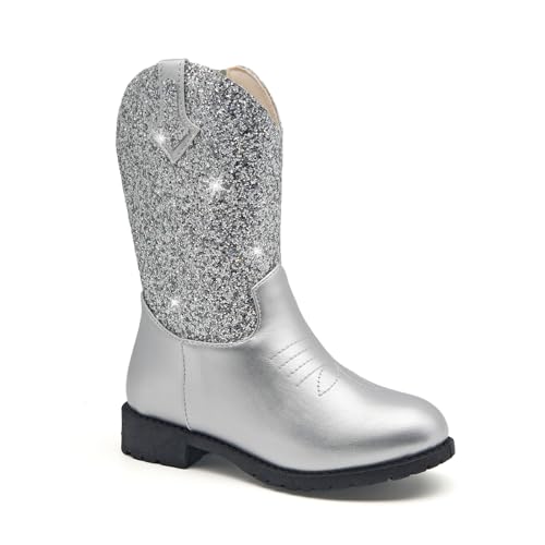 prechentty Girls Cowgirl Boots Glitter Cowboy Boots for Girl Little Kids Sparkle Girls Dress Boot Sparkly Bling 8 Year Old Size 13 Silver Western Christmas Halloween(Size 12.5)