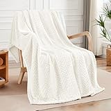 Exclusivo Mezcla Fleece Throw Blanket for Couch Bed, 127x178 CM Super Soft Cozy Blankets with Decorative Wave Textured, Lightweight Plush All Season Use, Ivory - Image 1