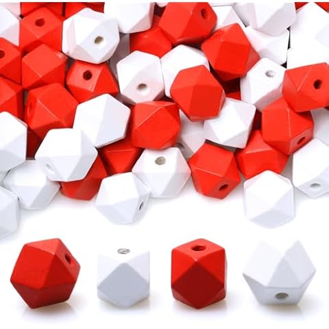 100 16mm Geometric Wooden Beads, Red and White Polygon Shape Wooden Spacer Beads for Craft Projects, 3mm Hole Cover